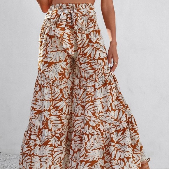Rust Brown Boho Womens Plants Print Belted Wide Leg Pants - Picture 1 of 5